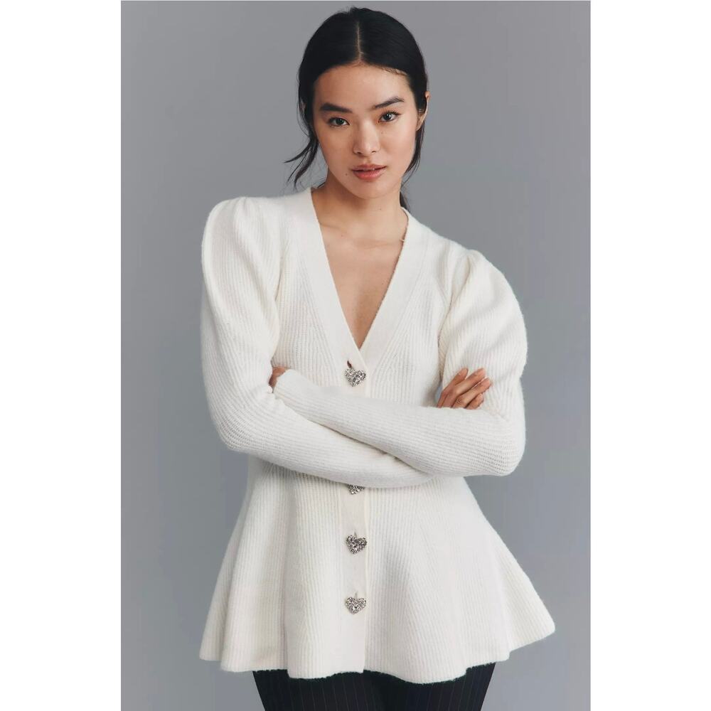 NWT Maeve Puff-Sleeve Heart-Button Cardigan Sweater. Size M. Retails $178